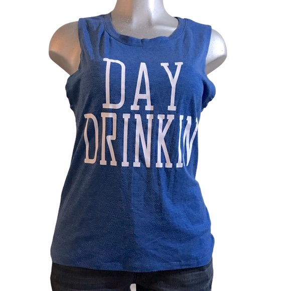 Day Drinking Graphic Tank Top Tee Size Medium Blue Party Beer Alcohol Athleisure